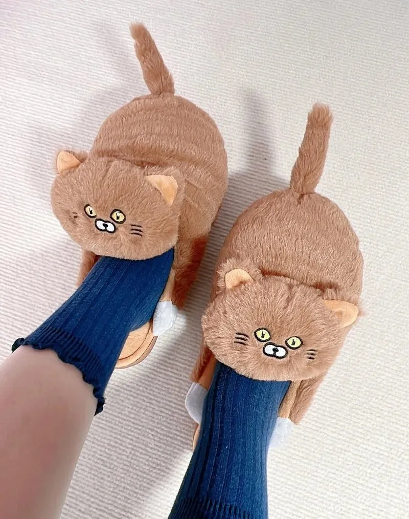 Cute Cartoon Cat Plush Slippers – Cozy Indoor Furry Slippers for Women & Men | Soft Winter Warmth