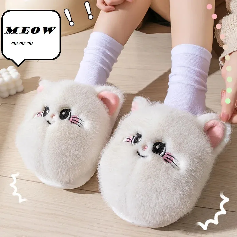 Cute Cartoon Cat Plush Slippers – Cozy Indoor Furry Slippers for Women & Men | Soft Winter Warmth