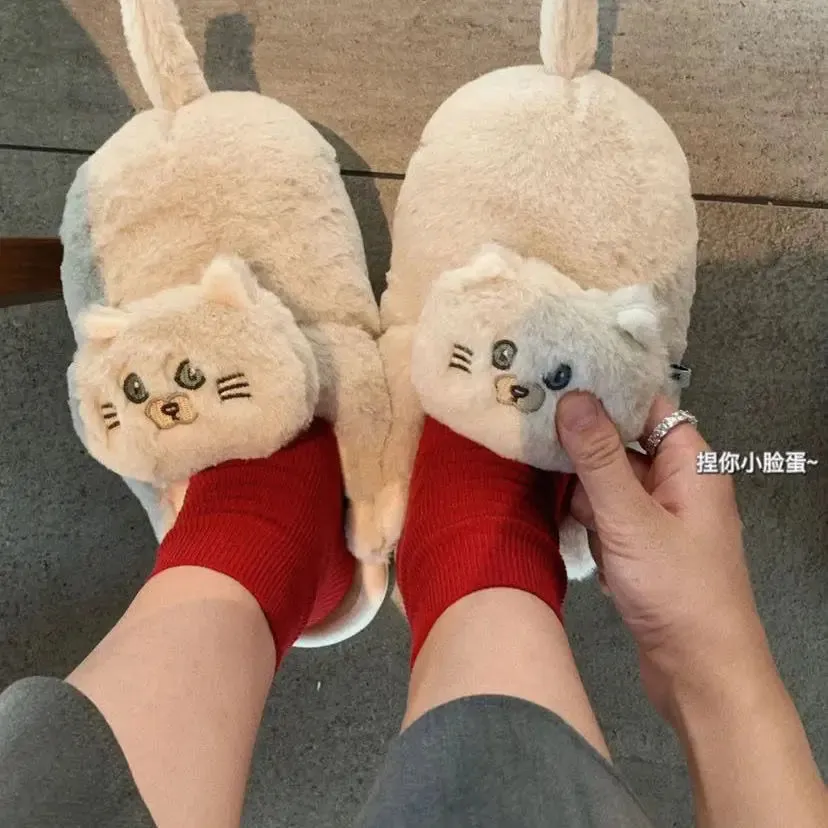 Cute Cartoon Cat Plush Slippers – Cozy Indoor Furry Slippers for Women & Men | Soft Winter Warmth