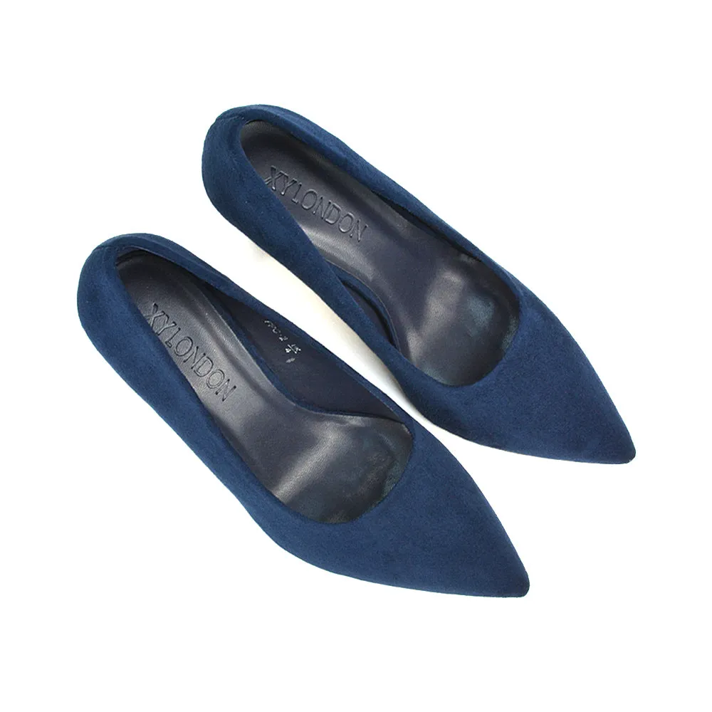 Darla Pointed Toe Mid Stiletto Heel Slip On Court Shoes in Black Faux Suede
