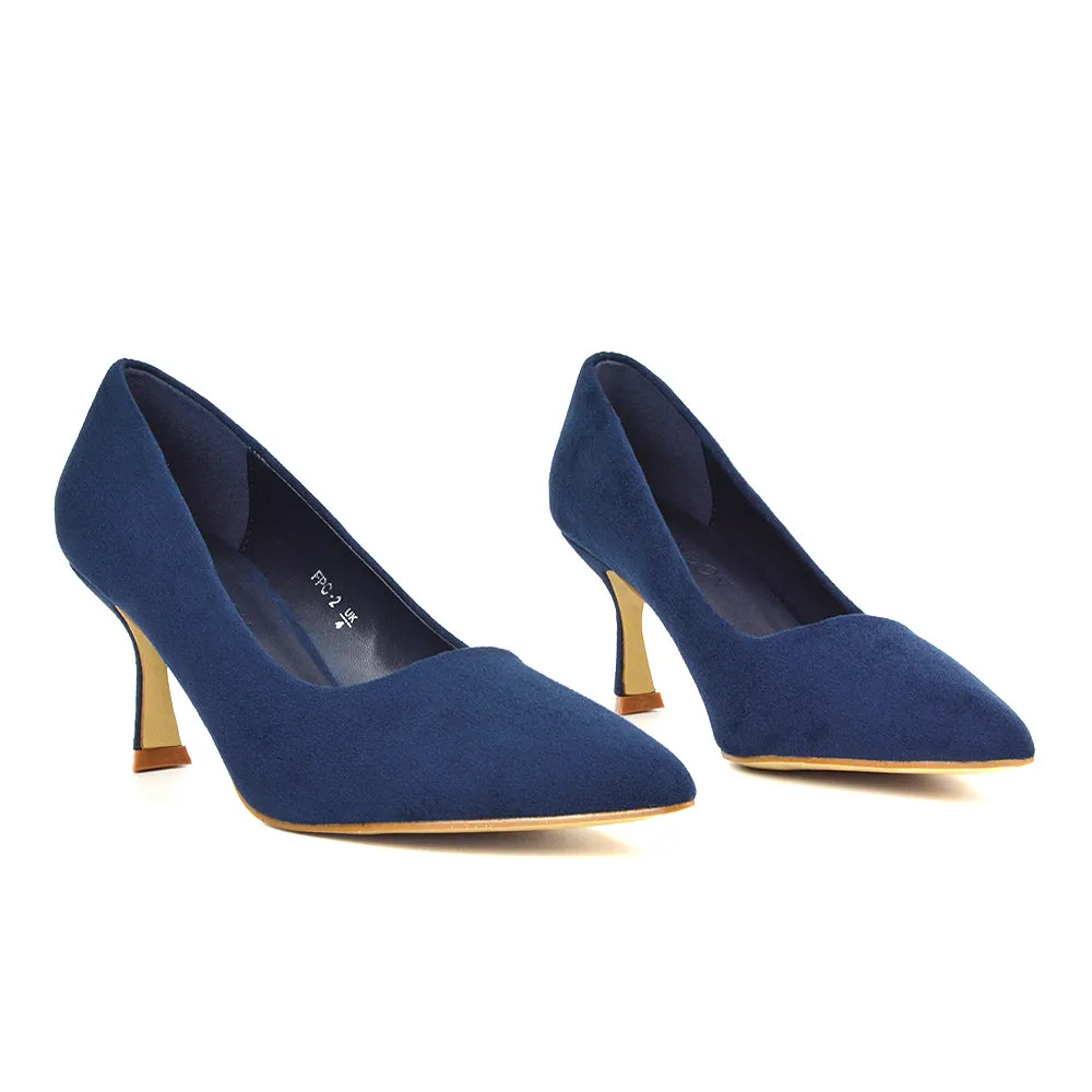 Darla Pointed Toe Mid Stiletto Heel Slip On Court Shoes in Black Faux Suede