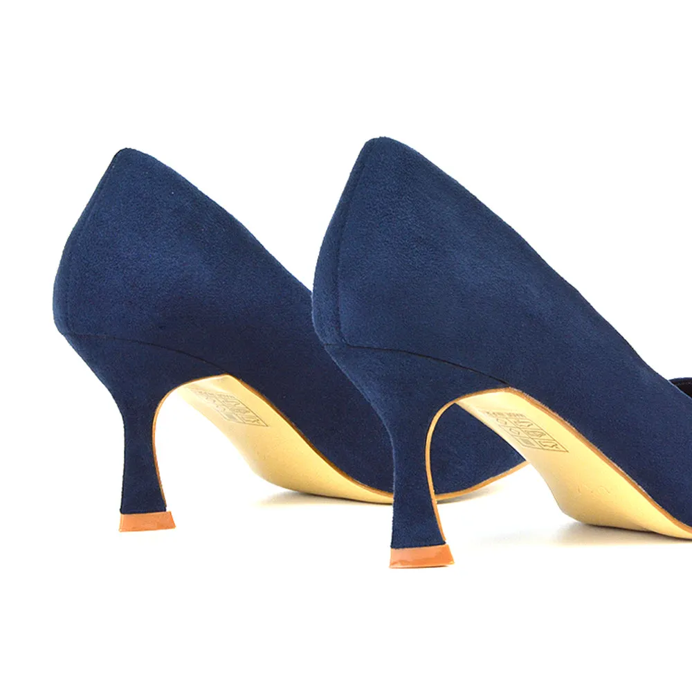 Darla Pointed Toe Mid Stiletto Heel Slip On Court Shoes in Black Faux Suede