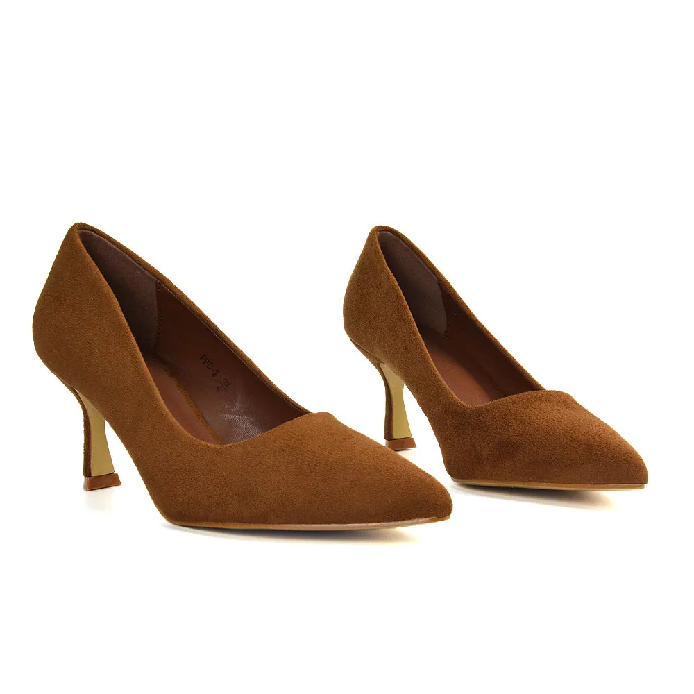 Darla Pointed Toe Mid Stiletto Heel Slip On Court Shoes in Black Faux Suede