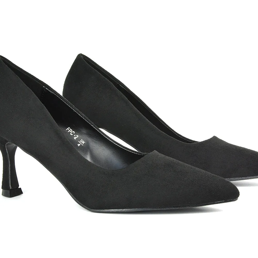 Darla Pointed Toe Mid Stiletto Heel Slip On Court Shoes in Black Faux Suede