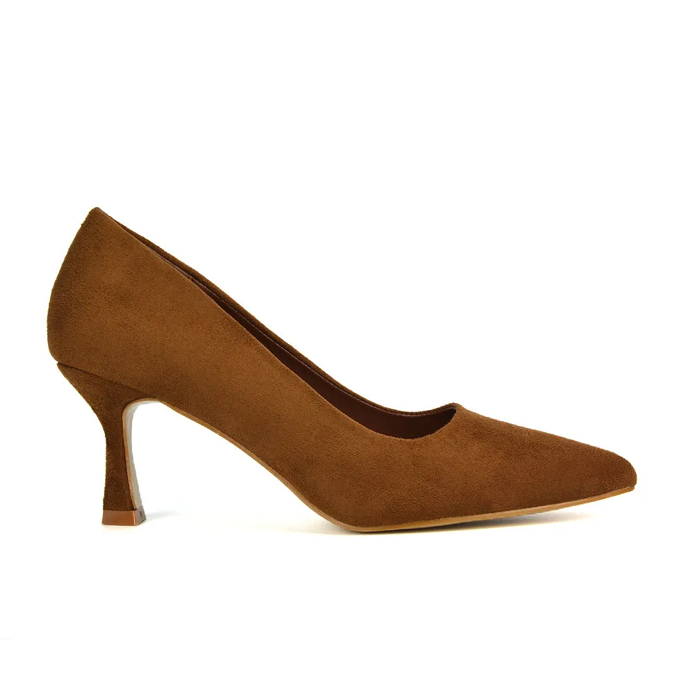 Darla Pointed Toe Mid Stiletto Heel Slip On Court Shoes in Black Faux Suede