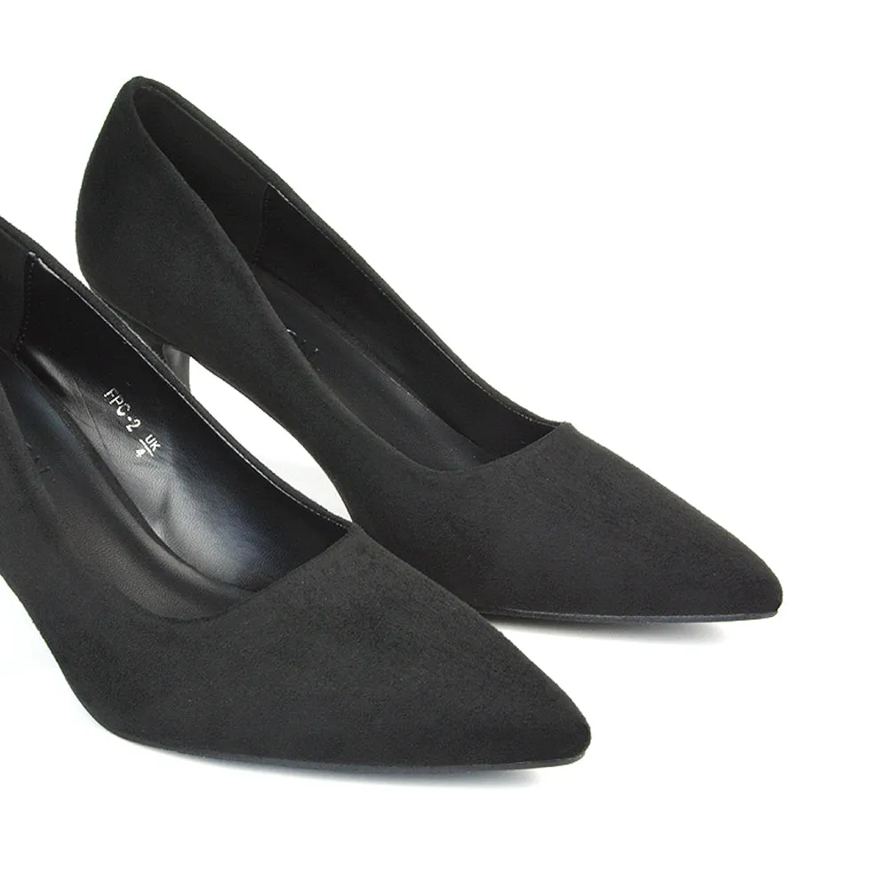 Darla Pointed Toe Mid Stiletto Heel Slip On Court Shoes in Black Faux Suede