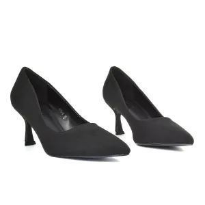 Darla Pointed Toe Mid Stiletto Heel Slip On Court Shoes in Black Faux Suede