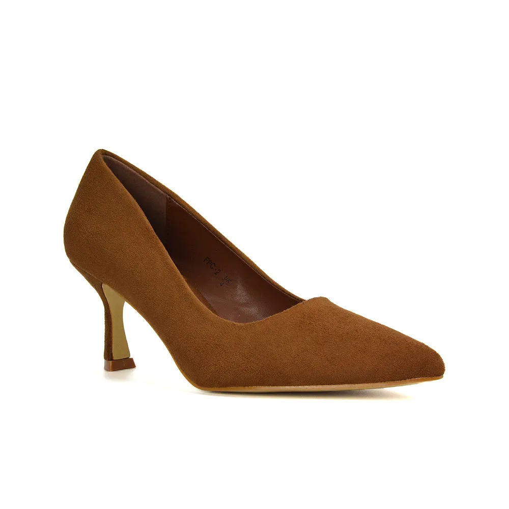 Darla Pointed Toe Mid Stiletto Heel Slip On Court Shoes in Black Faux Suede