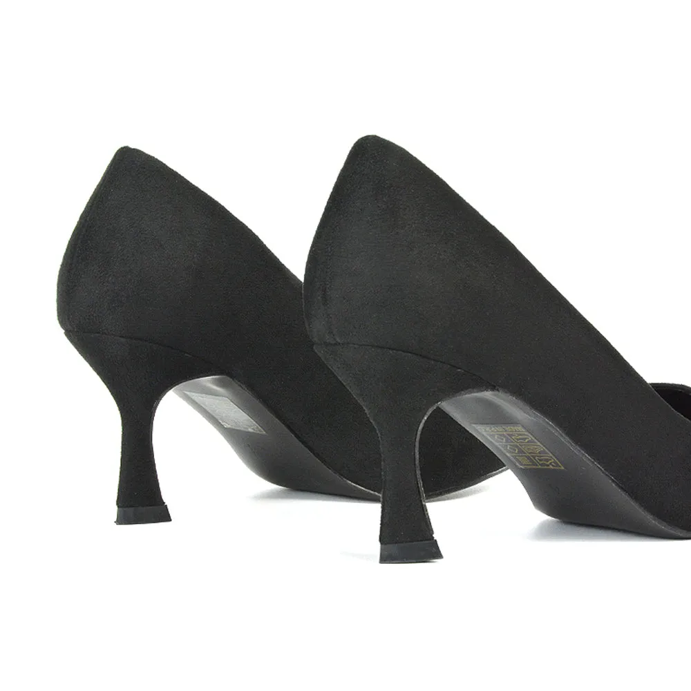 Darla Pointed Toe Mid Stiletto Heel Slip On Court Shoes in Black Faux Suede