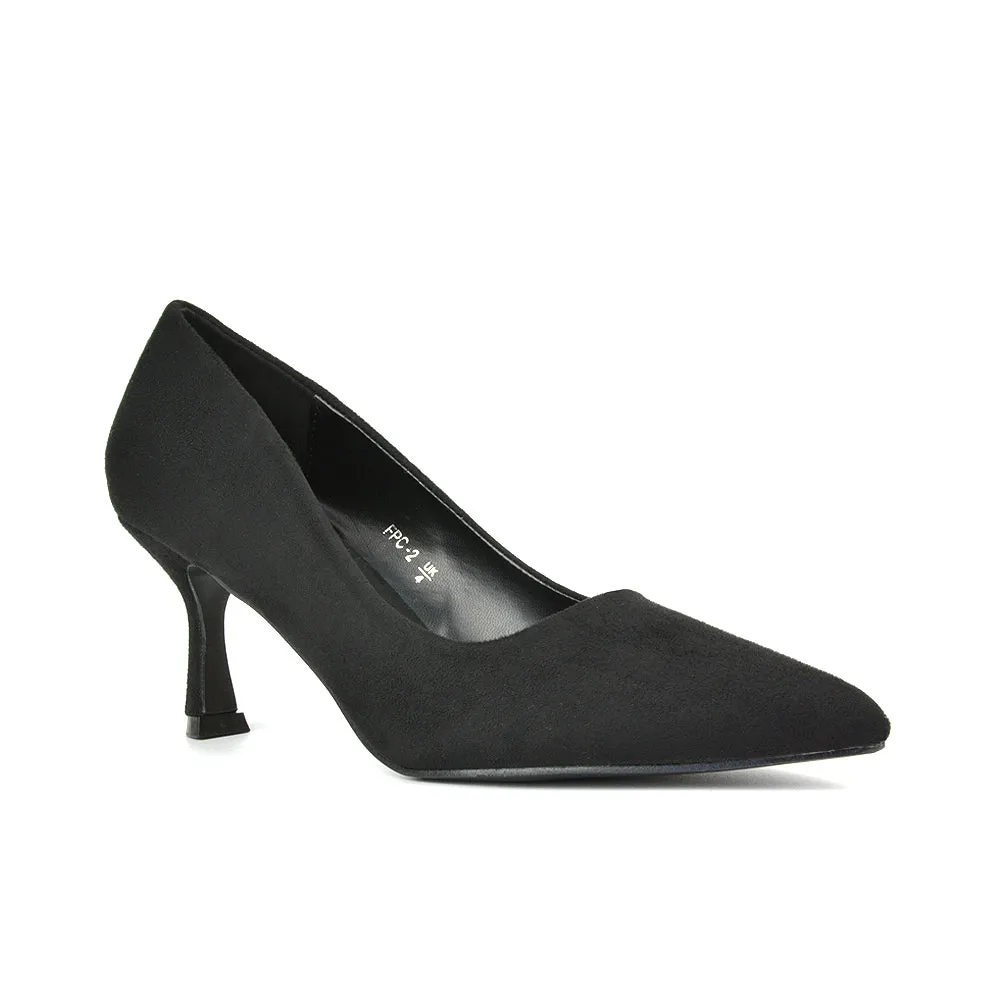 Darla Pointed Toe Mid Stiletto Heel Slip On Court Shoes in Black Faux Suede
