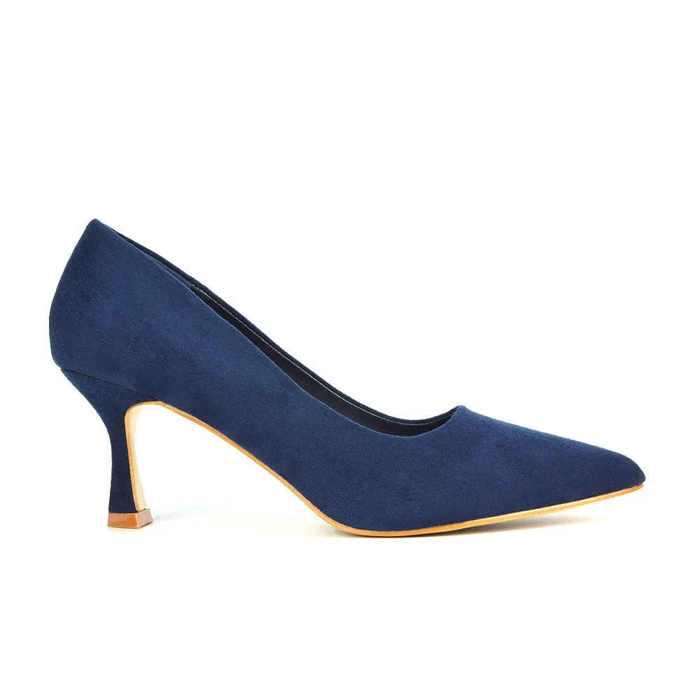 Darla Pointed Toe Mid Stiletto Heel Slip On Court Shoes in Black Faux Suede