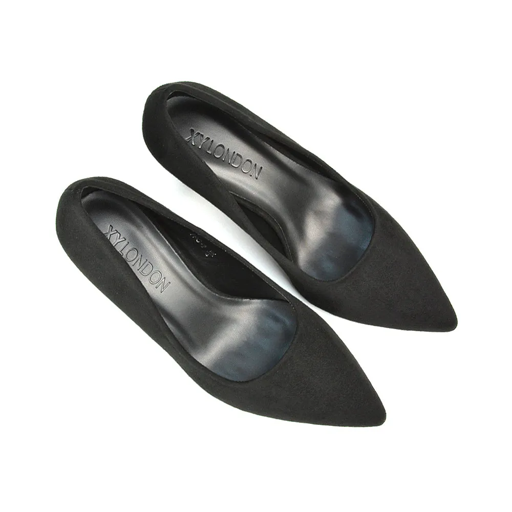 Darla Pointed Toe Mid Stiletto Heel Slip On Court Shoes in Black Faux Suede