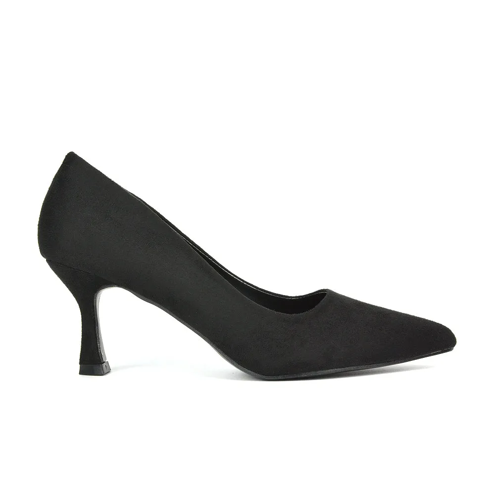 Darla Pointed Toe Mid Stiletto Heel Slip On Court Shoes in Black Faux Suede