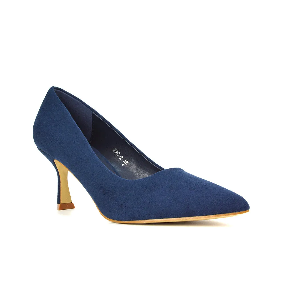 Darla Pointed Toe Mid Stiletto Heel Slip On Court Shoes in Black Faux Suede
