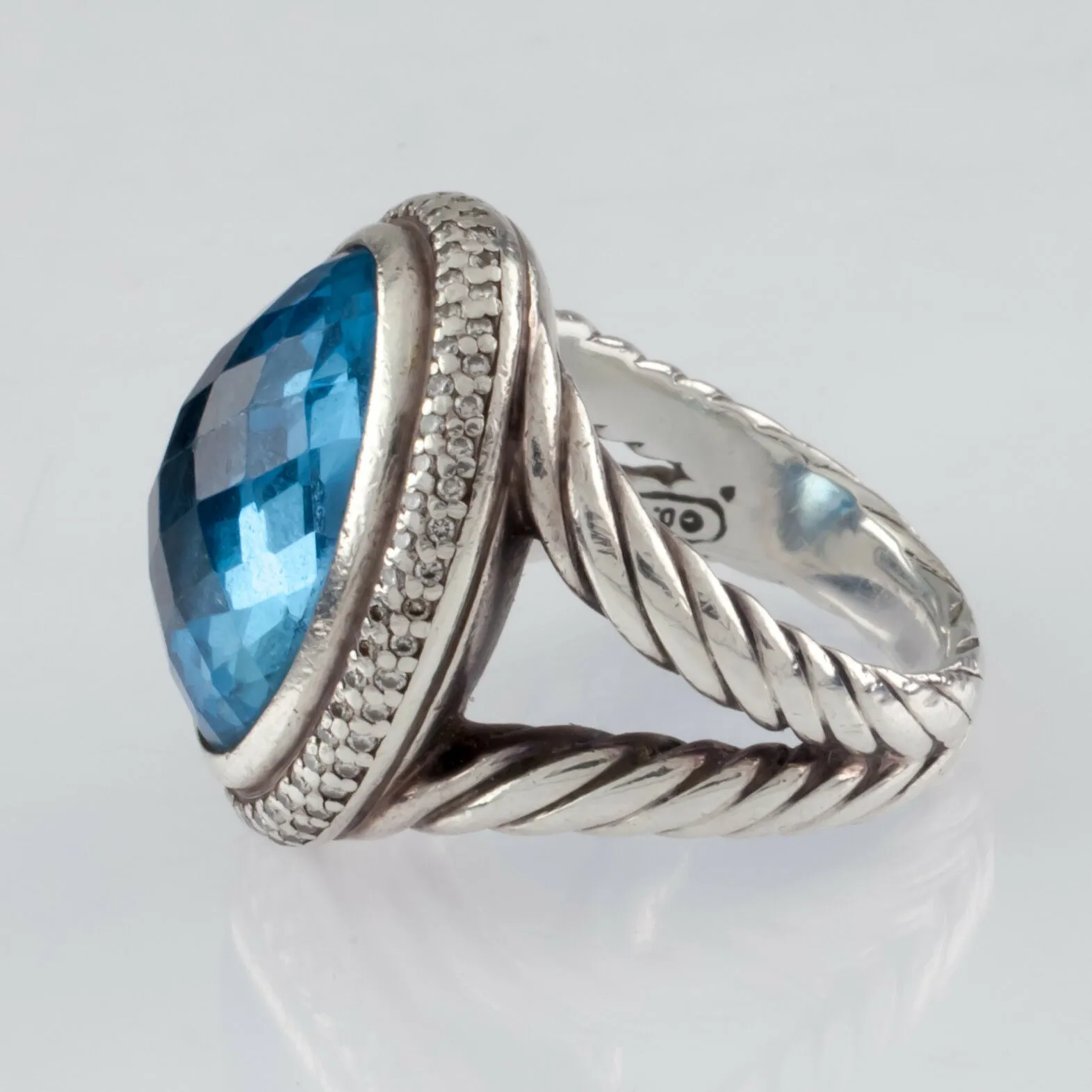 David Yurman Sterling Silver Signature Blue Topaz Ring w/ Diamond Accents Size 6