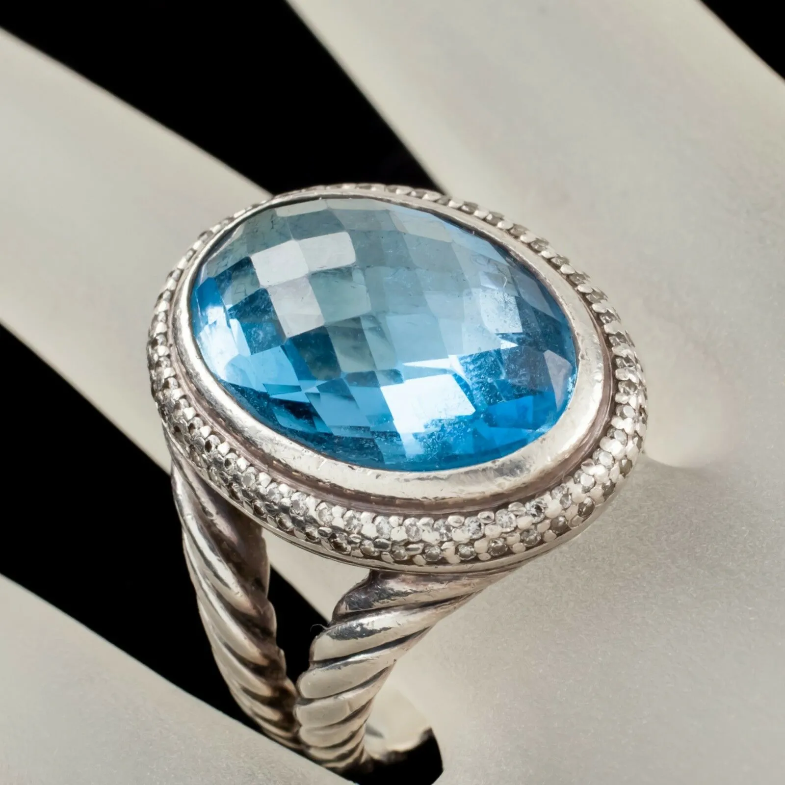 David Yurman Sterling Silver Signature Blue Topaz Ring w/ Diamond Accents Size 6
