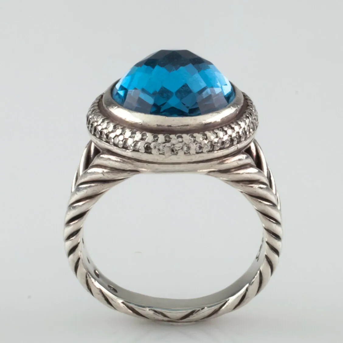 David Yurman Sterling Silver Signature Blue Topaz Ring w/ Diamond Accents Size 6