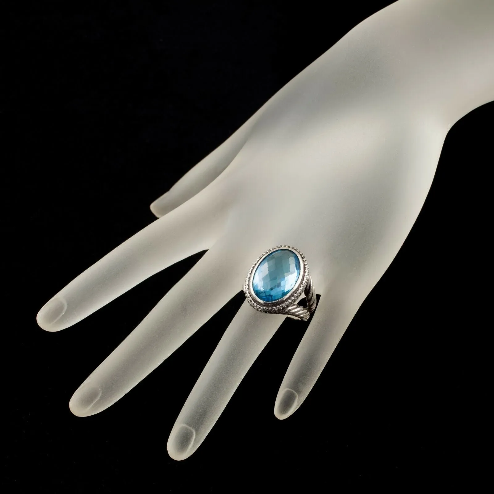 David Yurman Sterling Silver Signature Blue Topaz Ring w/ Diamond Accents Size 6