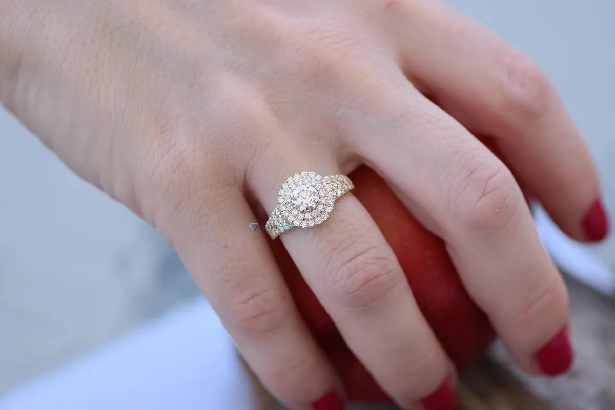 Diamond Engagement Ring 1.20ct-Yellow Gold Engagement Ring-Cluster engagement ring-Promise ring-Art deco ring-Solid gold ring-Round halo