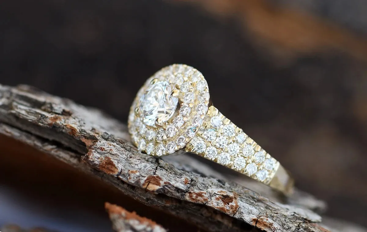 Diamond Engagement Ring 1.20ct-Yellow Gold Engagement Ring-Cluster engagement ring-Promise ring-Art deco ring-Solid gold ring-Round halo