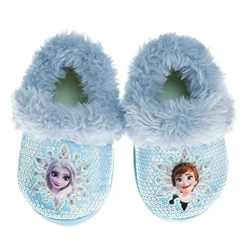 Disney Frozen Slippers Non-Slip Lightweight Comfy - Elsa Anna Fluffy Warm Comfort Soft Aline Plush Girls House Shoes - Ice Blue (Toddler - Little Kid)