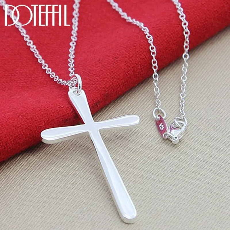 DOTEFFIL 925 Sterling Silver Long Cross Pendant Necklace 18 Inch Chain For Woman Fashion Wedding Engagement Charm Jewelry