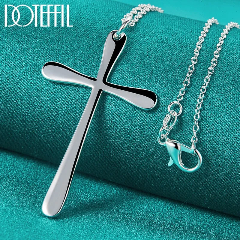 DOTEFFIL 925 Sterling Silver Long Cross Pendant Necklace 18 Inch Chain For Woman Fashion Wedding Engagement Charm Jewelry