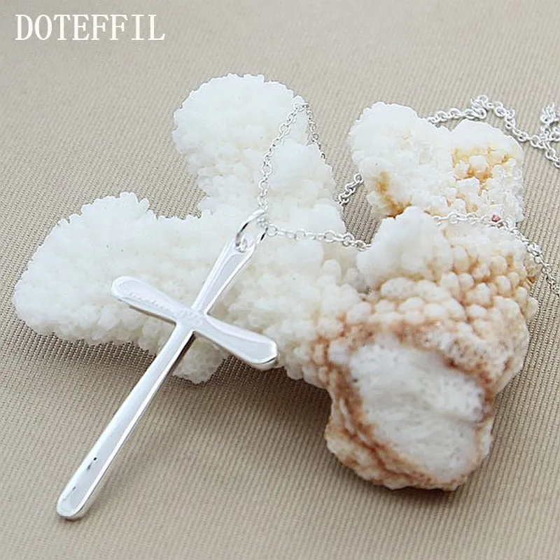 DOTEFFIL 925 Sterling Silver Long Cross Pendant Necklace 18 Inch Chain For Woman Fashion Wedding Engagement Charm Jewelry