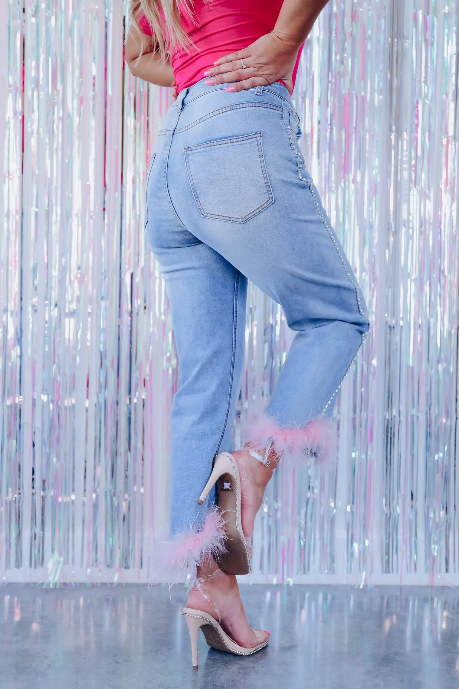 Eccentrically Elite Feather Hem Trim Ankle Jeans
