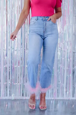 Eccentrically Elite Feather Hem Trim Ankle Jeans