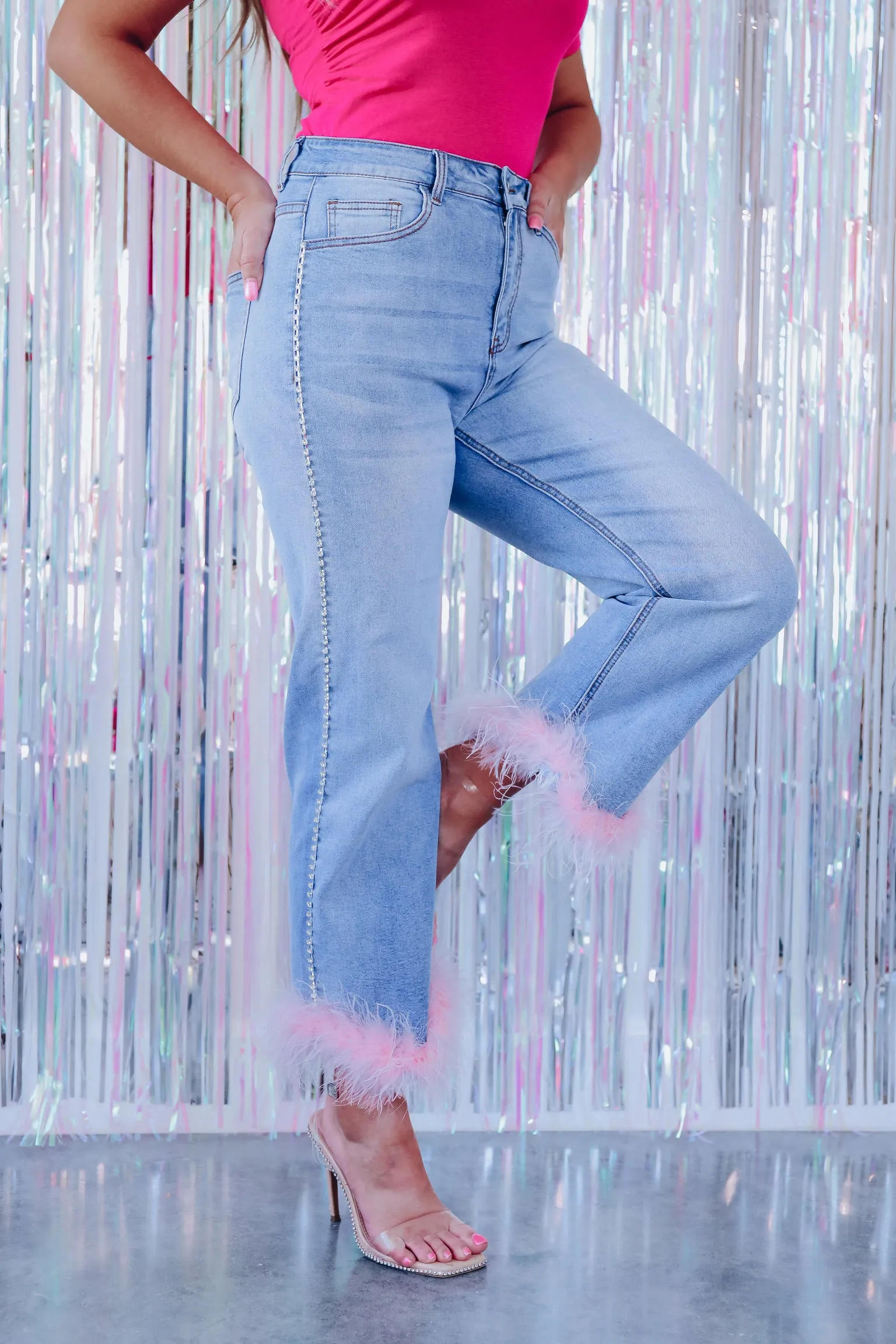 Eccentrically Elite Feather Hem Trim Ankle Jeans