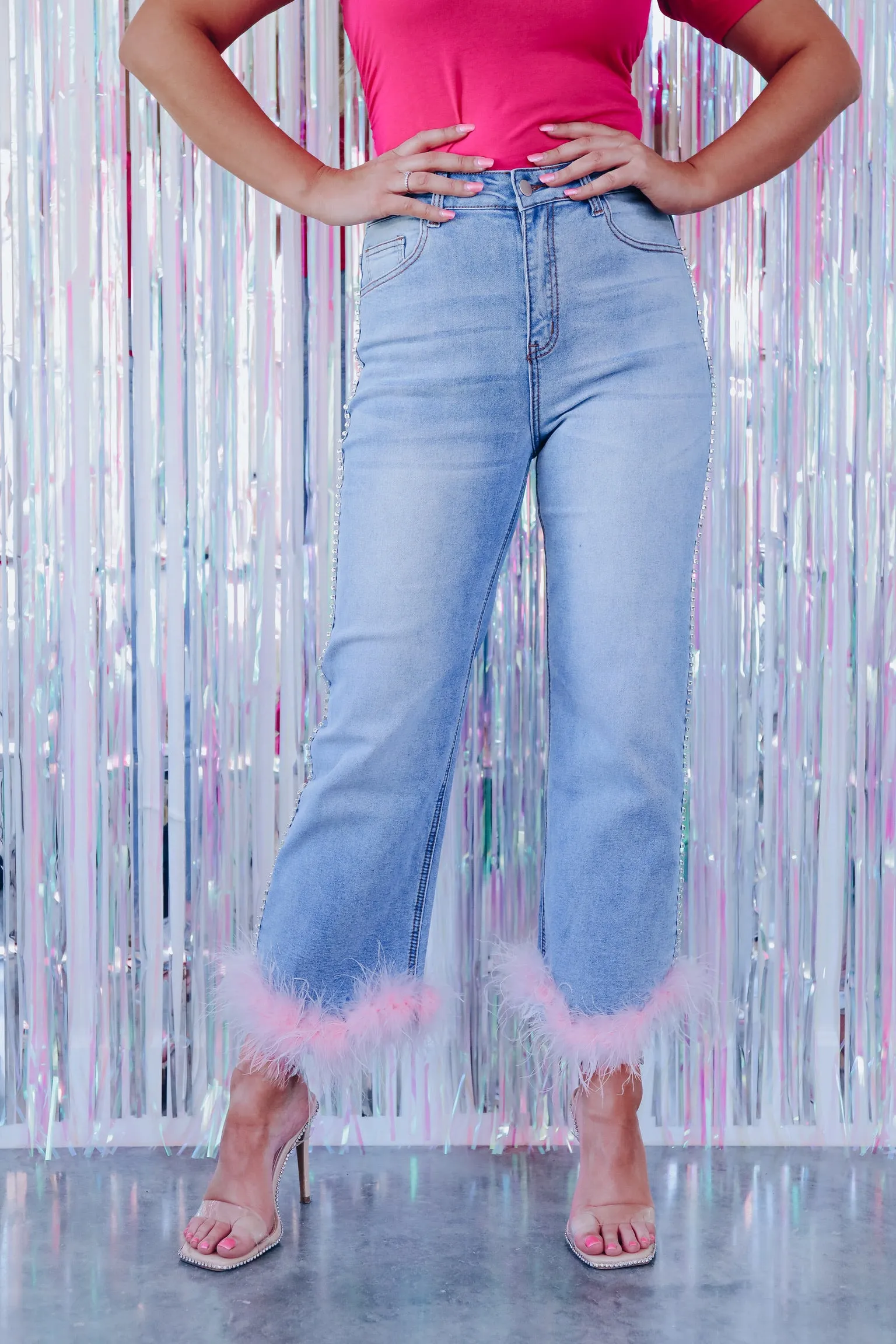 Eccentrically Elite Feather Hem Trim Ankle Jeans