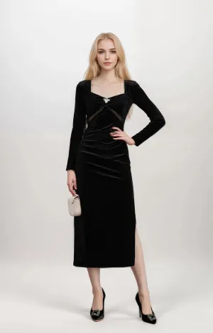 Elegance Crystal-Embellished Square Neck Long-Sleeve Velvet Dress
