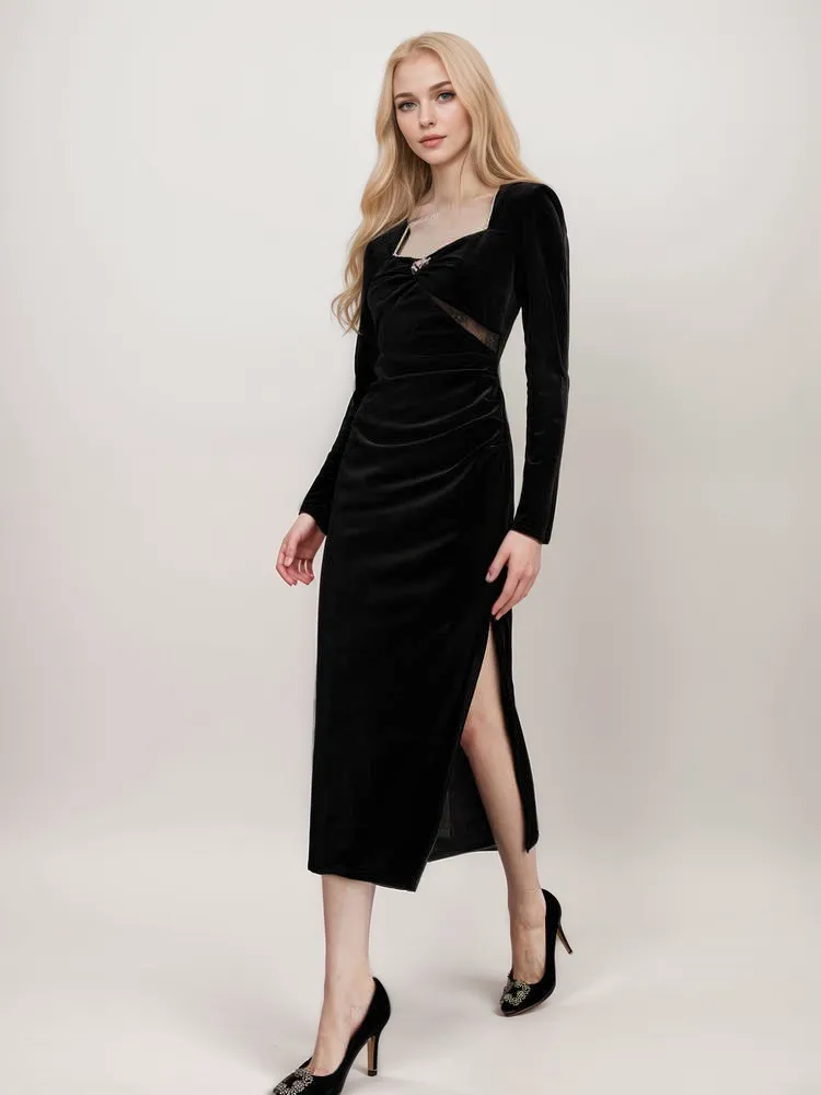 Elegance Crystal-Embellished Square Neck Long-Sleeve Velvet Dress