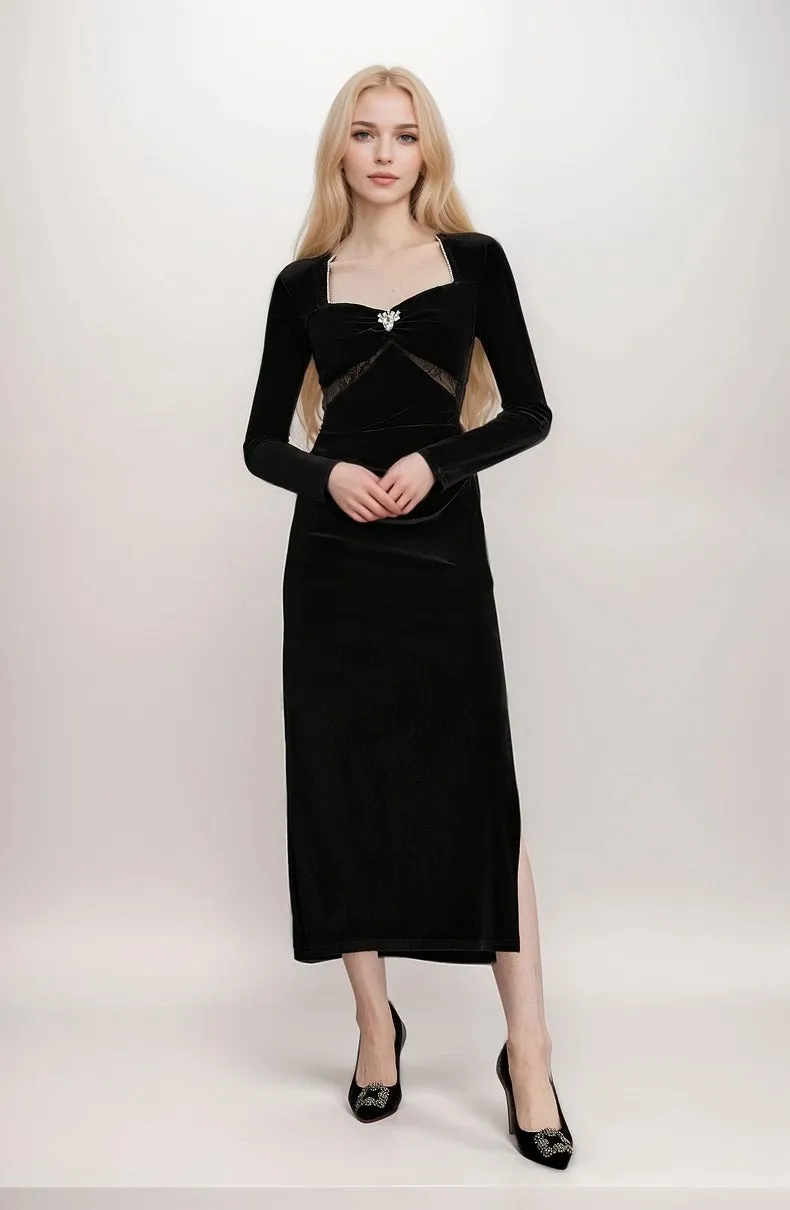 Elegance Crystal-Embellished Square Neck Long-Sleeve Velvet Dress