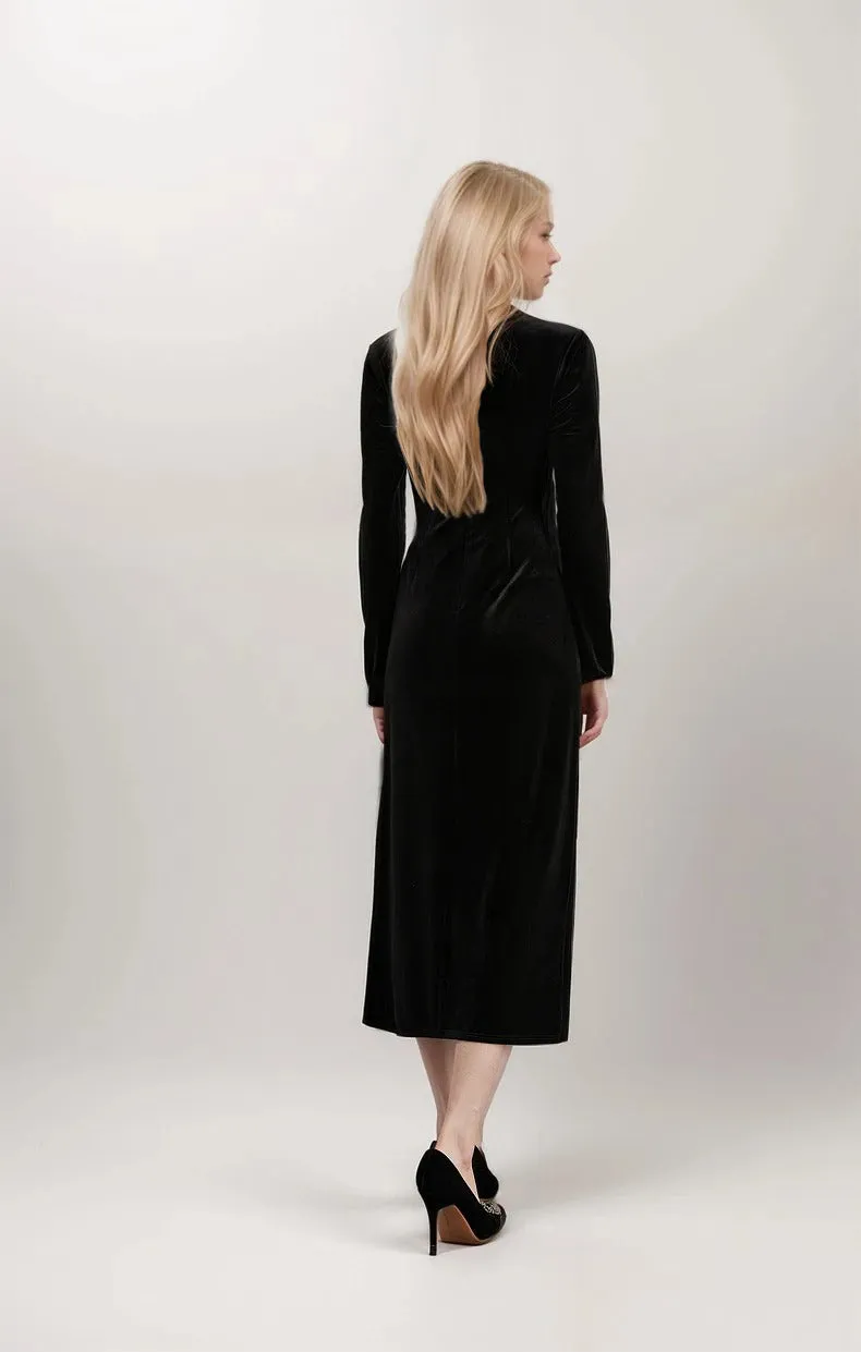 Elegance Crystal-Embellished Square Neck Long-Sleeve Velvet Dress