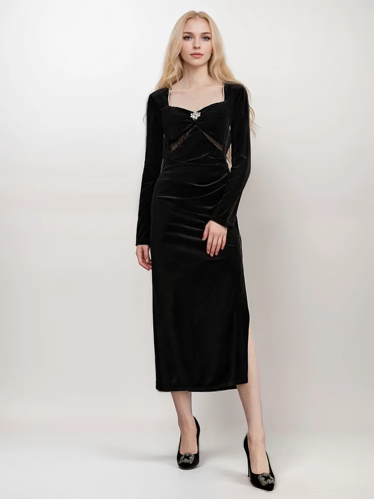 Elegance Crystal-Embellished Square Neck Long-Sleeve Velvet Dress