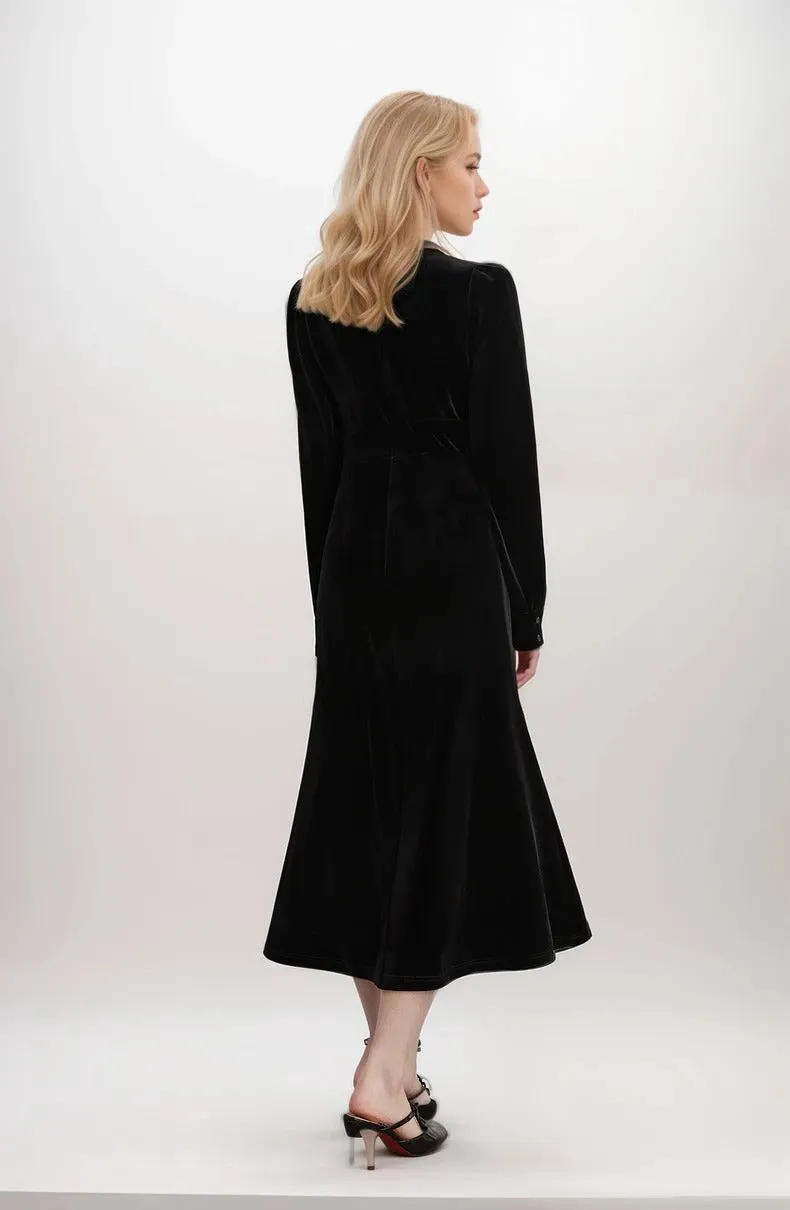 Elegant Black Velvet Long-Sleeve Midi Dress with Side Slit – Timeless Evening Wear