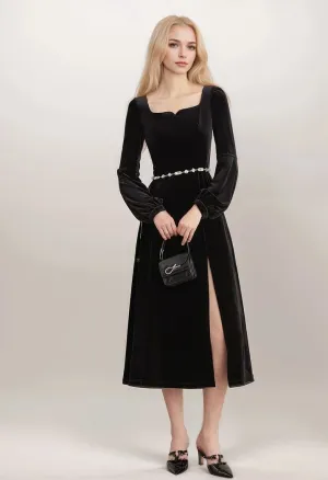 Elegant Black Velvet Long-Sleeve Midi Dress with Side Slit – Timeless Evening Wear