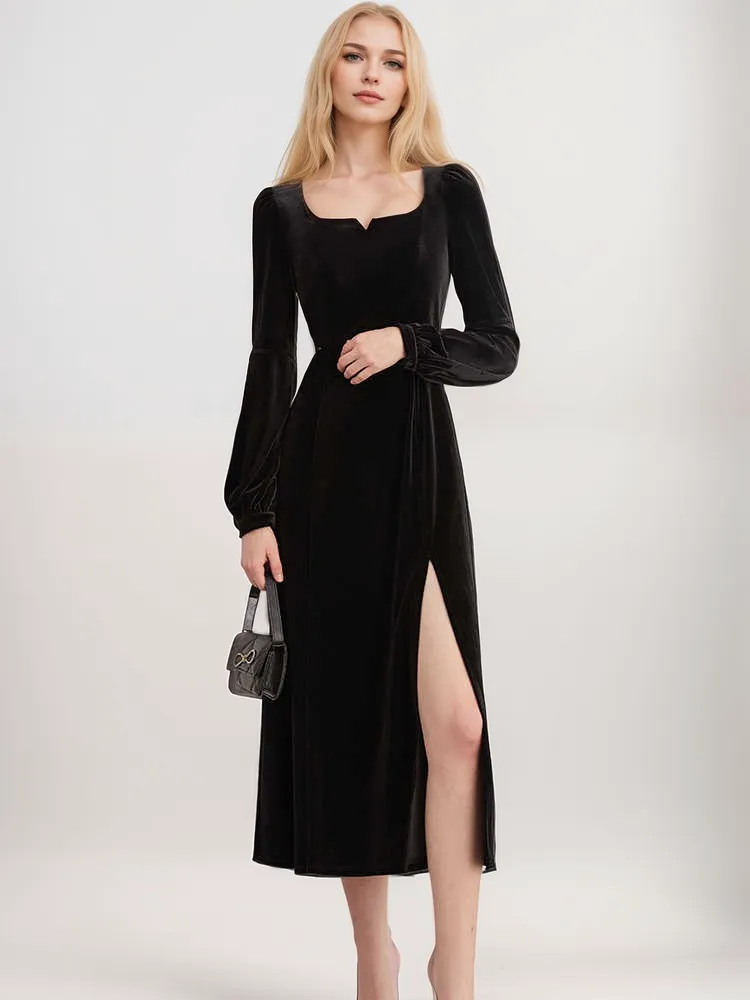 Elegant Black Velvet Long-Sleeve Midi Dress with Side Slit – Timeless Evening Wear