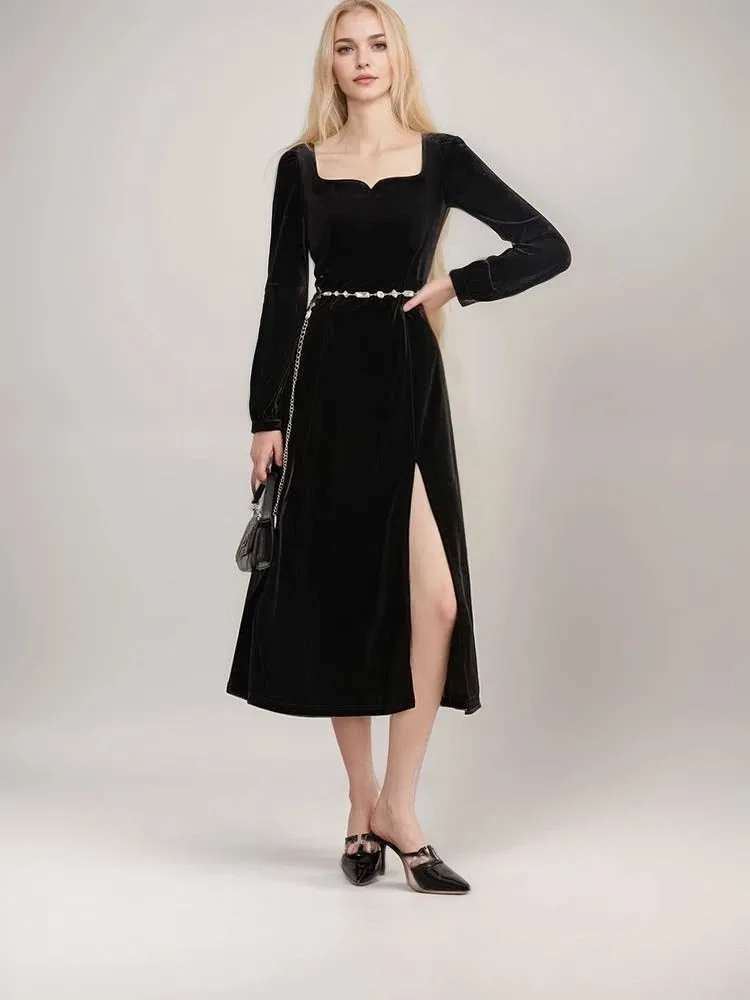 Elegant Black Velvet Long-Sleeve Midi Dress with Side Slit – Timeless Evening Wear