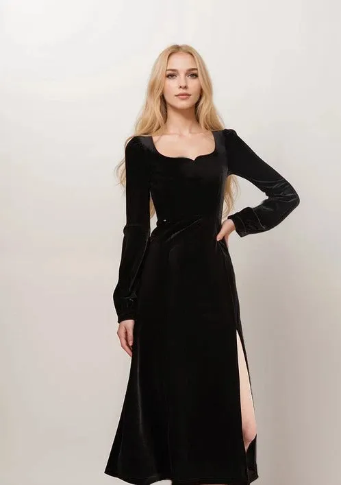 Elegant Black Velvet Long-Sleeve Midi Dress with Side Slit – Timeless Evening Wear