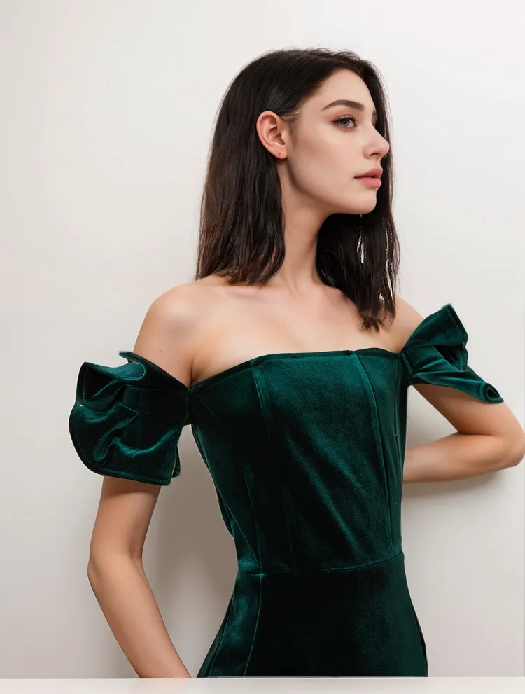 Elegant Off-the-Shoulder Mini-length Velvet Dress with Puffy Sleeves