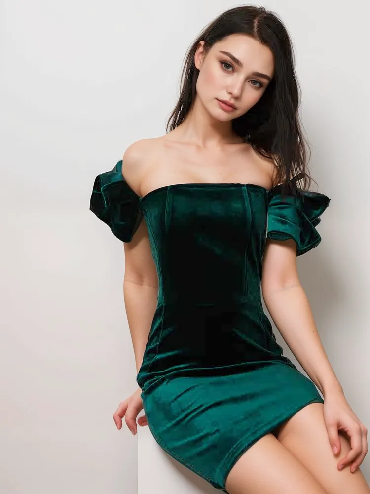 Elegant Off-the-Shoulder Mini-length Velvet Dress with Puffy Sleeves