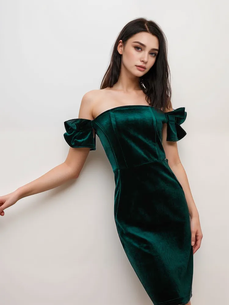 Elegant Off-the-Shoulder Mini-length Velvet Dress with Puffy Sleeves