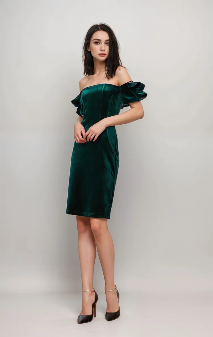 Elegant Off-the-Shoulder Mini-length Velvet Dress with Puffy Sleeves