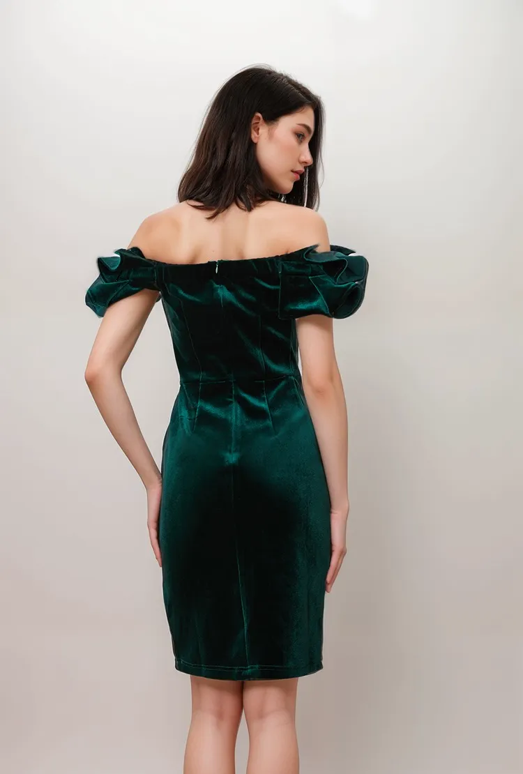 Elegant Off-the-Shoulder Mini-length Velvet Dress with Puffy Sleeves
