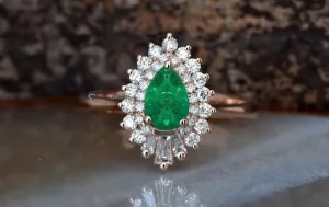 Emerald engagement ring set rose gold 14K/18K-Diamond vintage ring-Rose gold-Promise ring-Pear shaped emerald-Art deco ring-Custom Rings