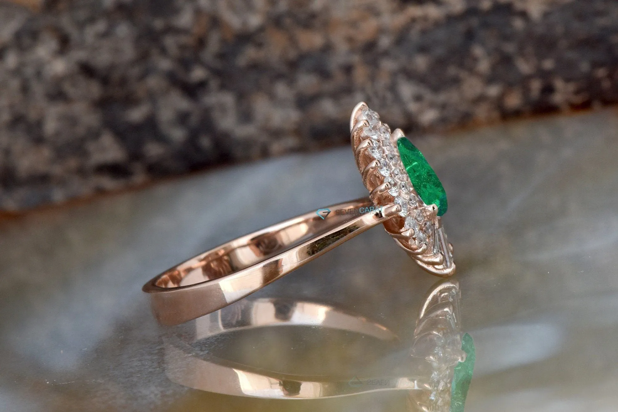 Emerald engagement ring set rose gold 14K/18K-Diamond vintage ring-Rose gold-Promise ring-Pear shaped emerald-Art deco ring-Custom Rings
