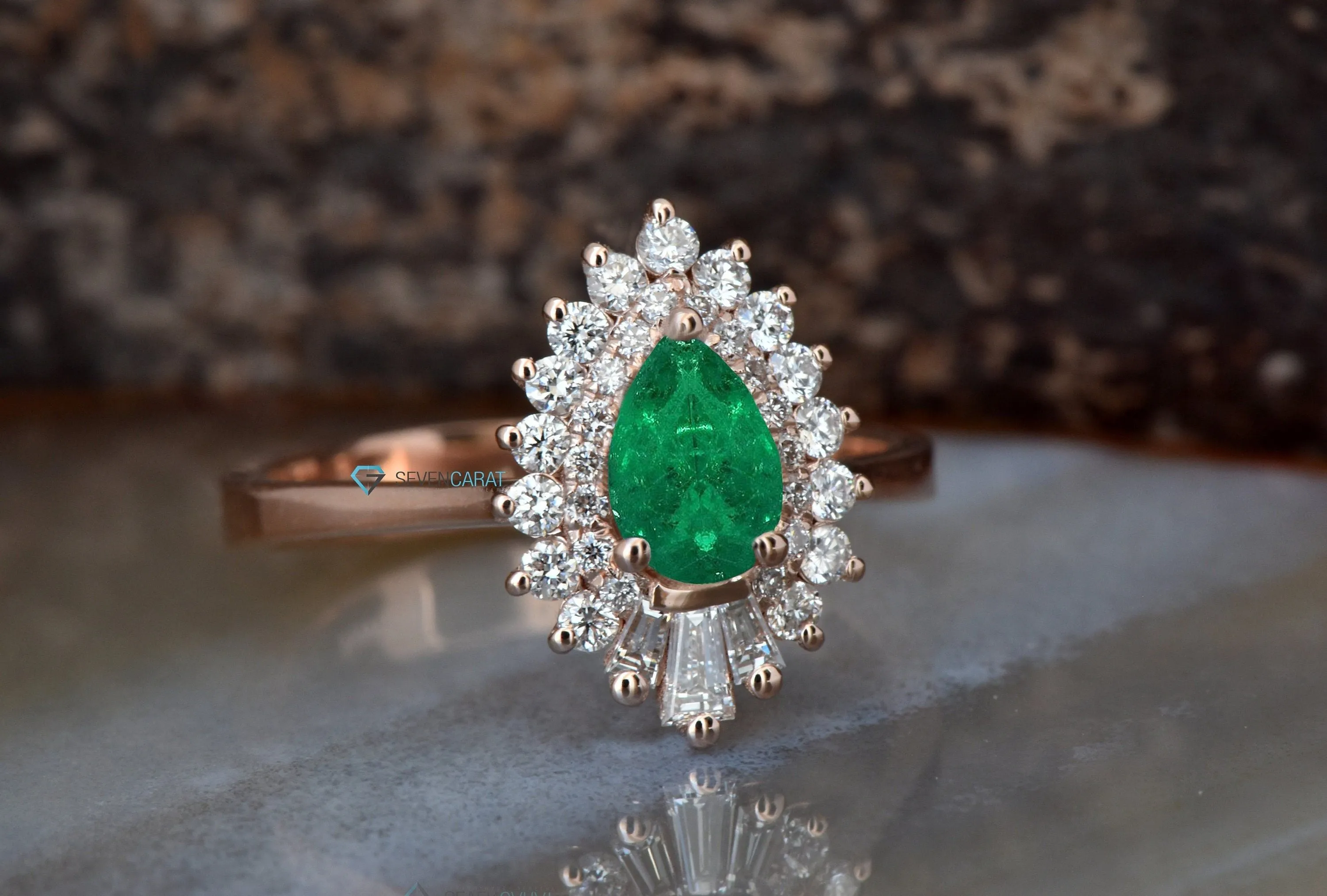 Emerald engagement ring set rose gold 14K/18K-Diamond vintage ring-Rose gold-Promise ring-Pear shaped emerald-Art deco ring-Custom Rings